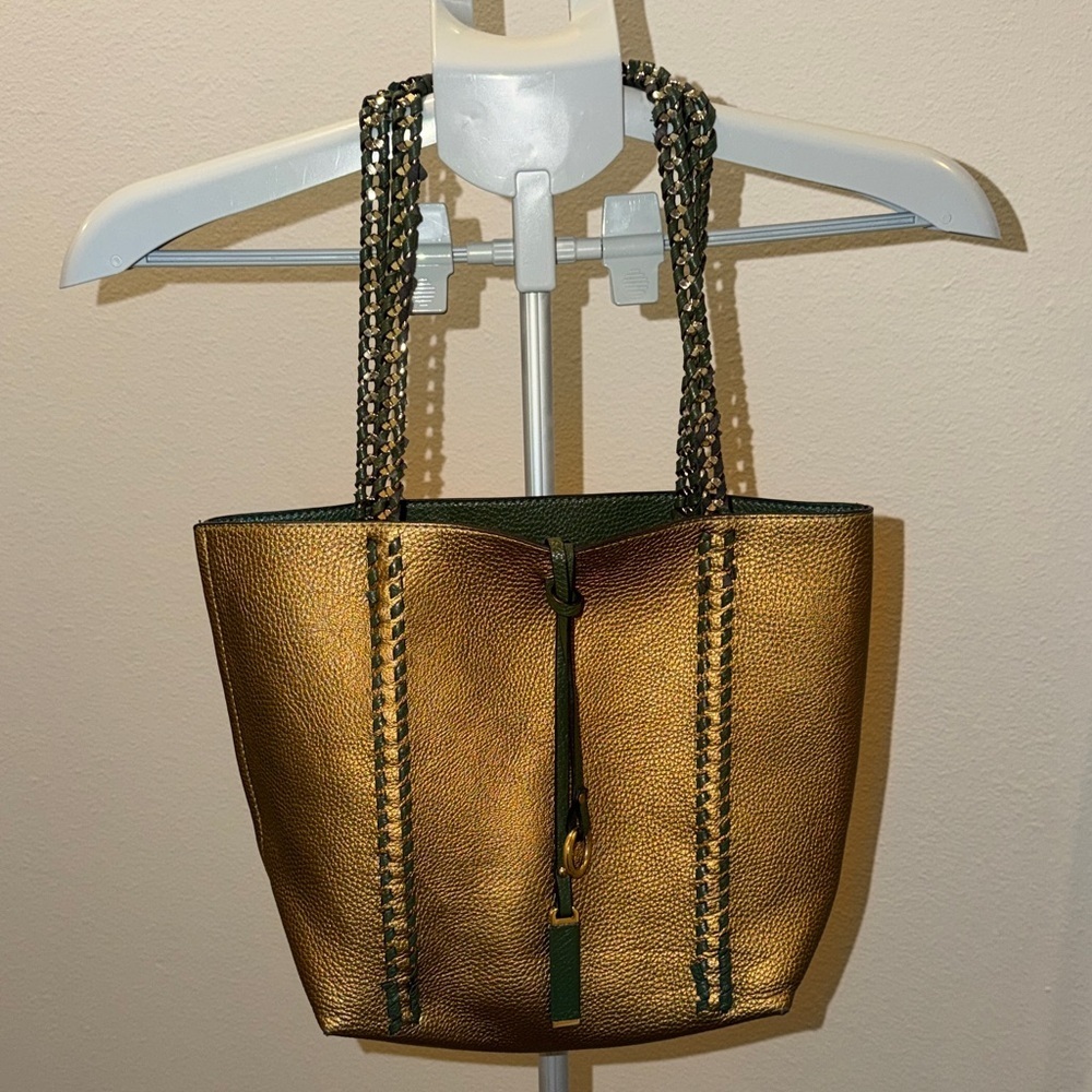 Tote Bag 2-in-1 Reversible Gold & Dark Green with Chain Details Handbag